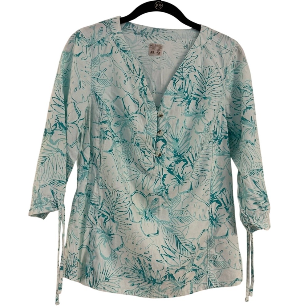 Columbia PFG Floral Blouse Women's S Turquoise & White Tropical 3/4 Sleeves